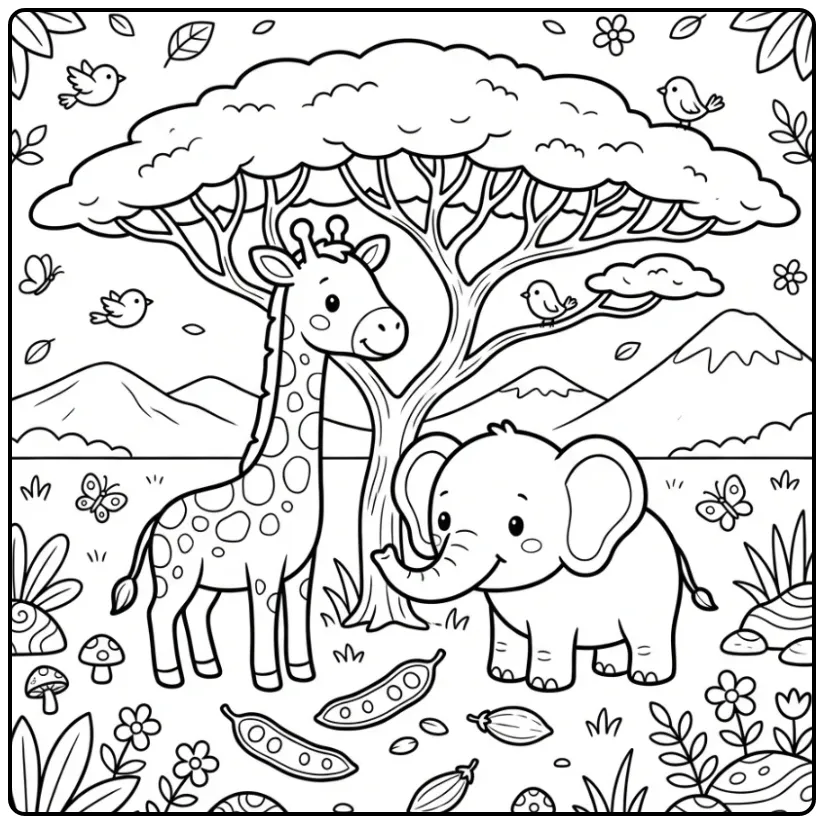 Leuke kleurplaat giraffe met vriendje olifant in de schaduw.