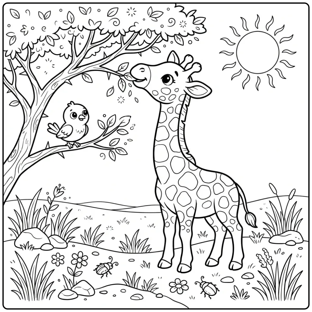 Schattige baby kleurplaat giraffe eet blaadjes in de zon.
