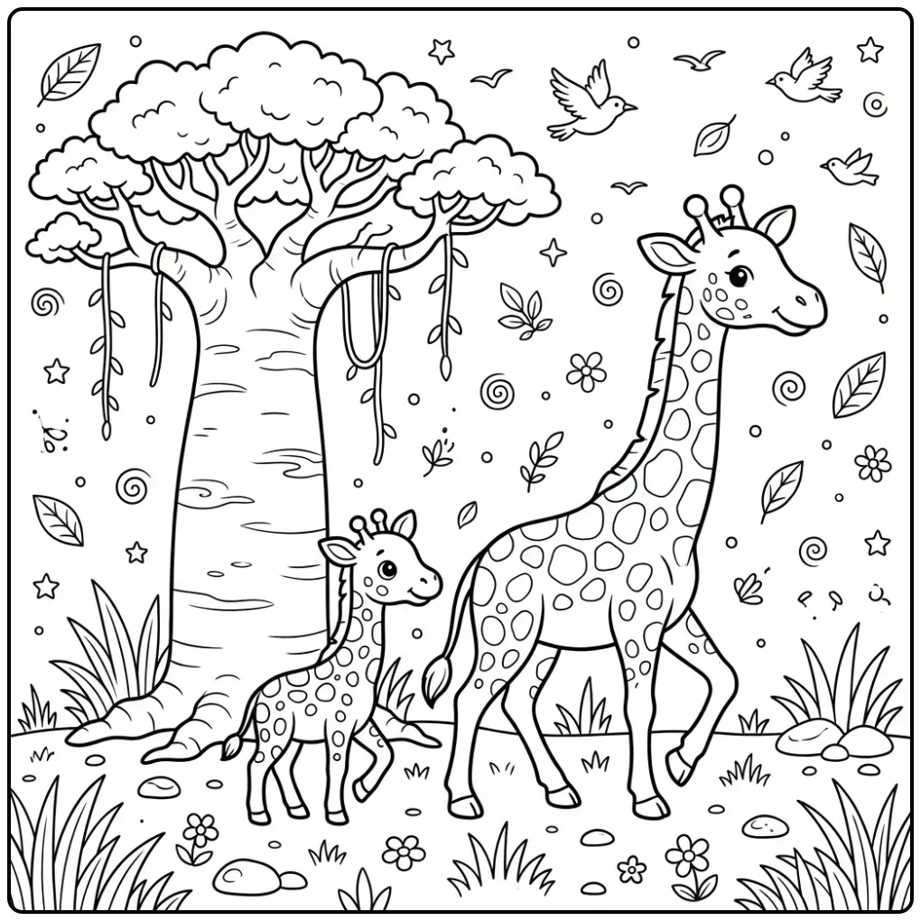 Schattige kleurplaat giraffe en kalfje lopend bij een baobab