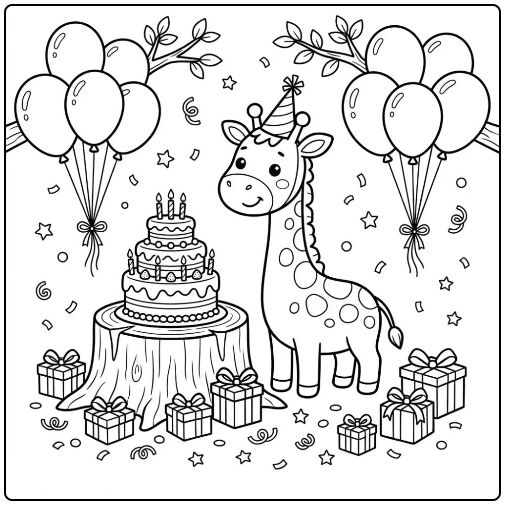 Een leuke kleurplaat giraffe verjaardag met ballonnen.
