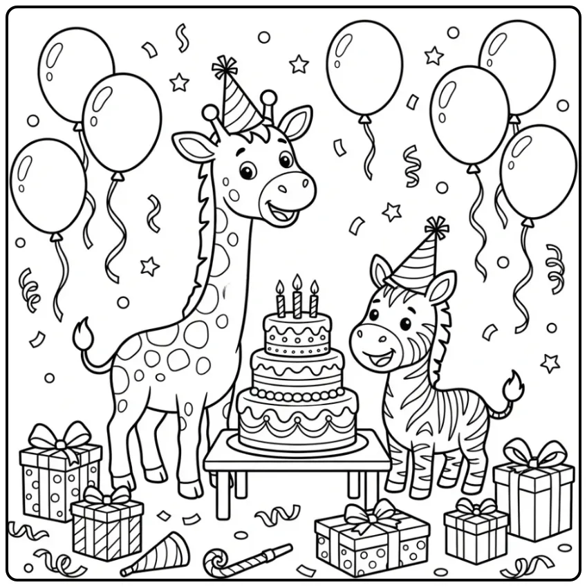 Leuke kleurplaat giraffe verjaardag met taart en ballonnen