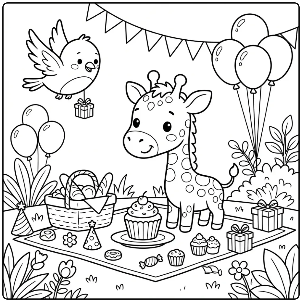 Schattige kleurplaat giraffe verjaardag met ballonnen en vlagjes