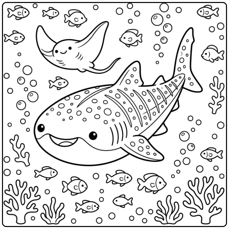 Schattige kleurplaat haai en manta rog met bubbels.
