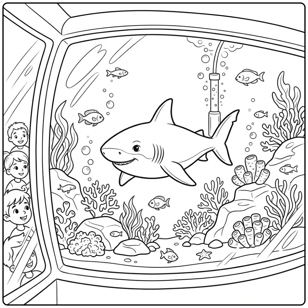 Schattige kleurplaat haai zwemt langs koraal en stenen.