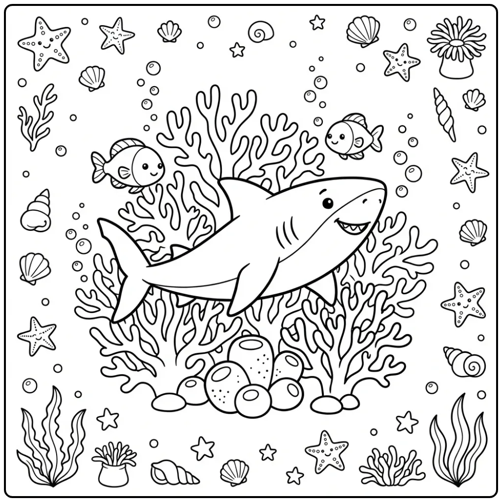 Schattige kleurplaat haai zwemmend tussen koraal en bubbels.