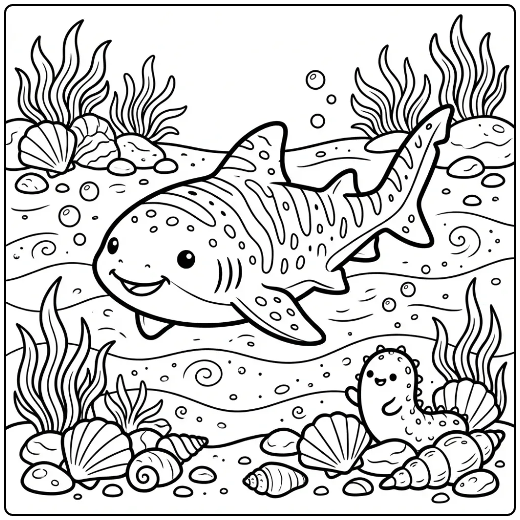 Kleurplaat haai: een schattige zebrahaai bij de zeebodem.