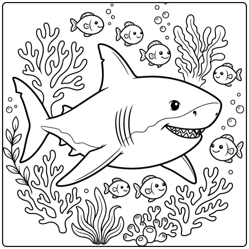 Schattige kleurplaat haai zwemmend tussen vissen en koraal
