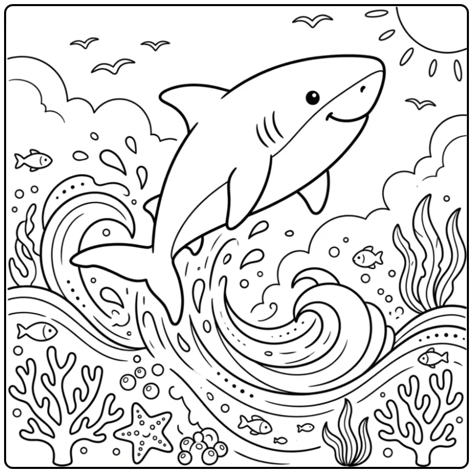 Schattige mako kleurplaat haai springend uit de golven.