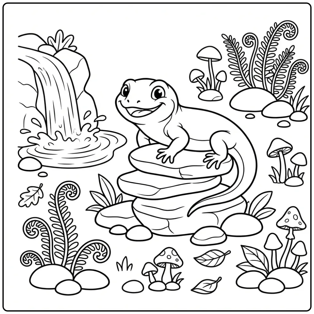 Een schattige kleurplaat hagedis op stenen bij een waterval.