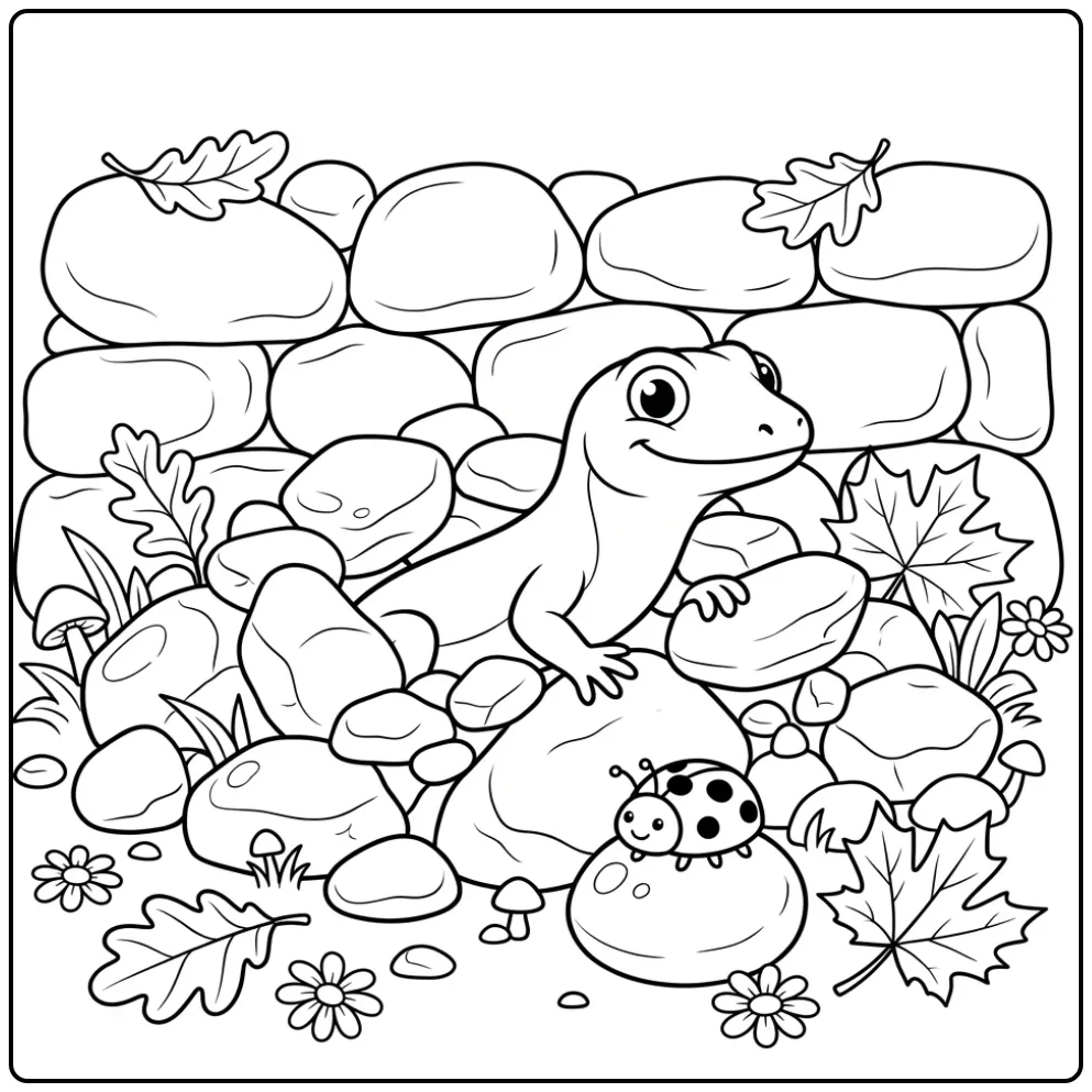 Schattige kleurplaat hagedis tussen de stenen en bloemen.