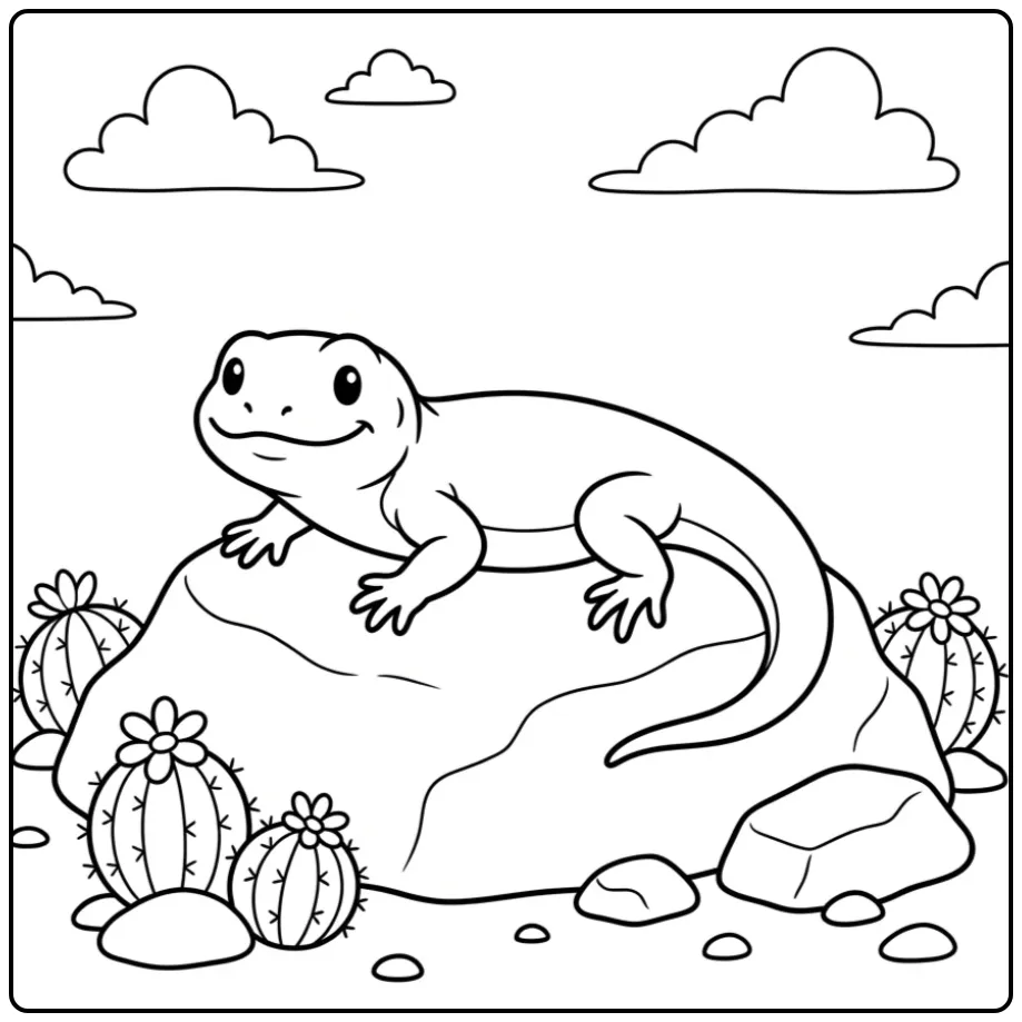 Schattige kleurplaat hagedis zonnend op een grote rots.