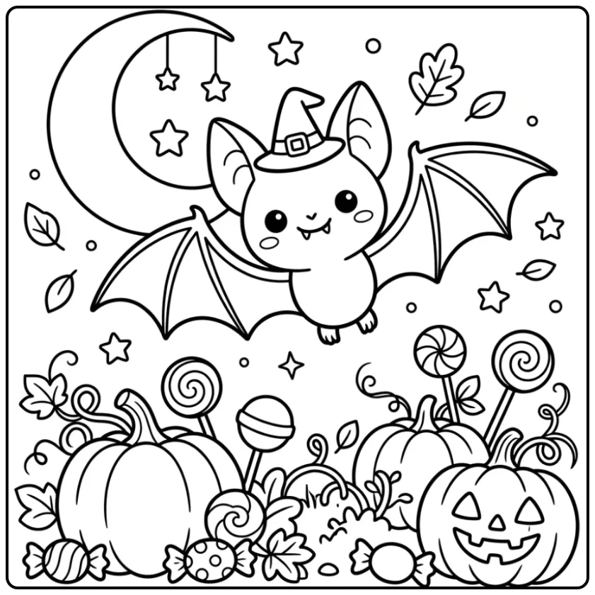 Schattige kleurplaat halloween vleermuis met een heksenhoed.