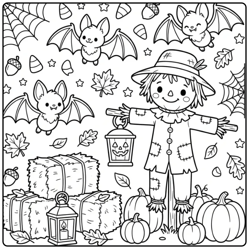 Schattige kleurplaat halloween vleermuis bij vogelverschrikker