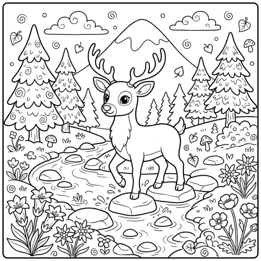 Een schattige kleurplaat hert bij een bergstroom en stenen.