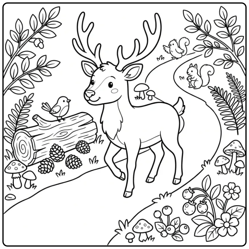 Schattige kleurplaat hert wandelend op een kronkelig bospad.