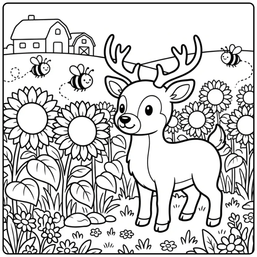 Een leuke kleurplaat hert in een zonnebloemveld met bijtjes.