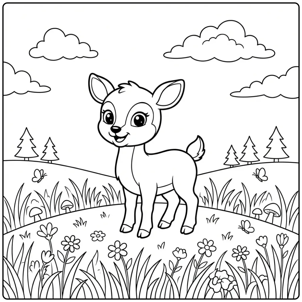 Schattige kleurplaat hertje op een heuvel met bloemen en wolken