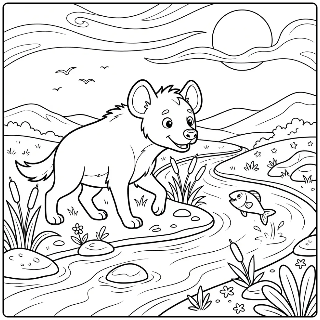 Een schattige kleurplaat hyena die langs de rivier wandelt.