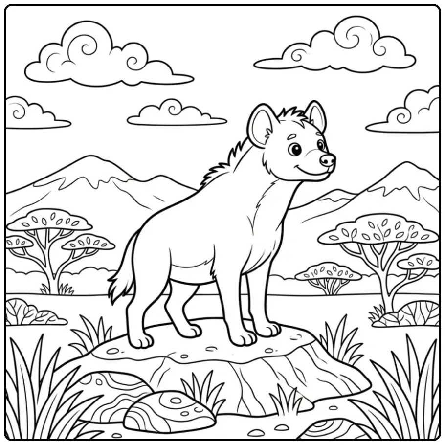 Een schattige kleurplaat hyena op een rots in de natuur.