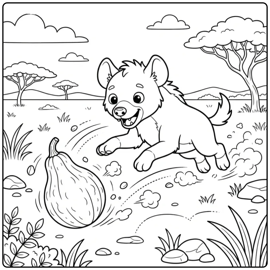 Schattige kleurplaat hyena rent speels achter fruit aan.