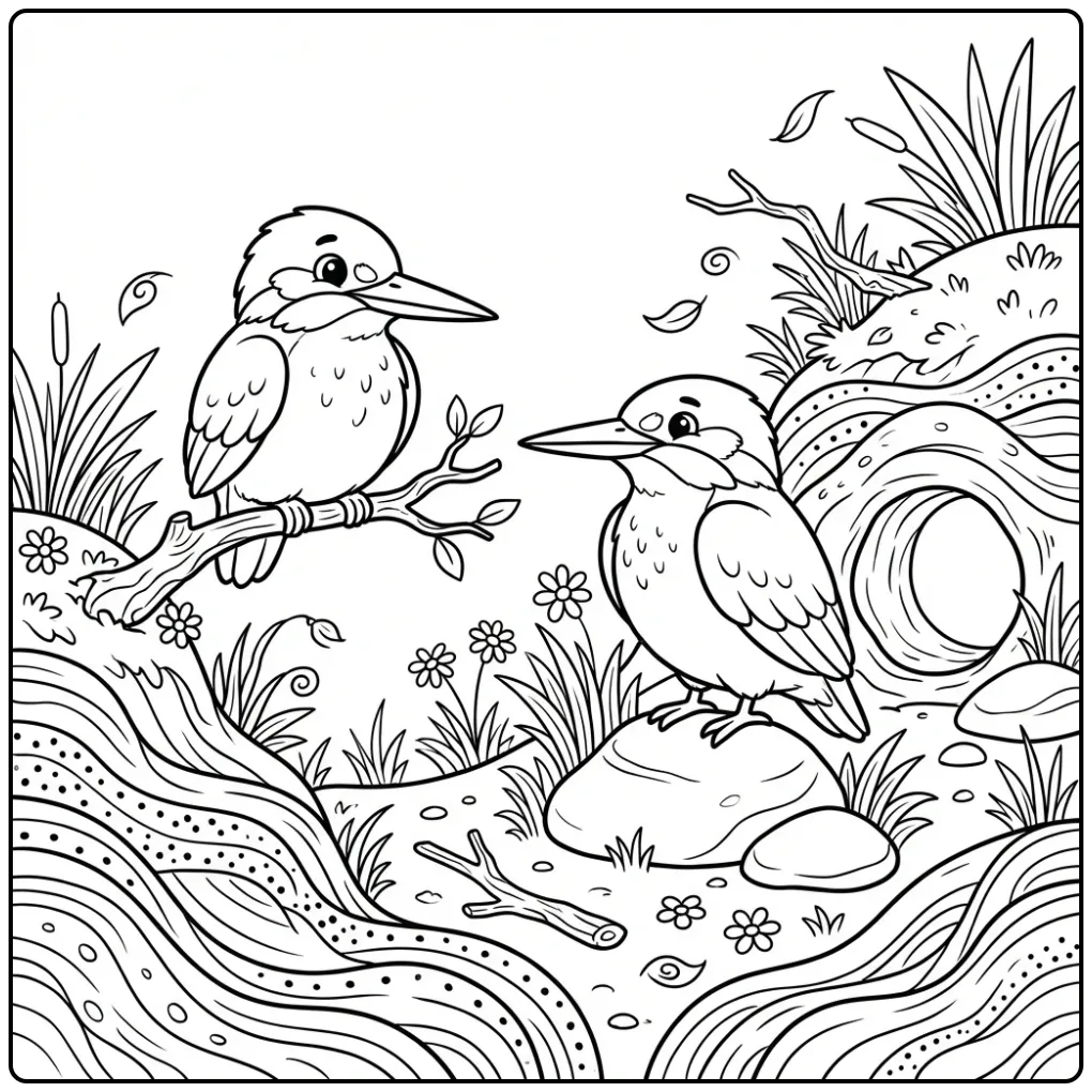 Schattige kleurplaat ijsvogel op een tak en steen