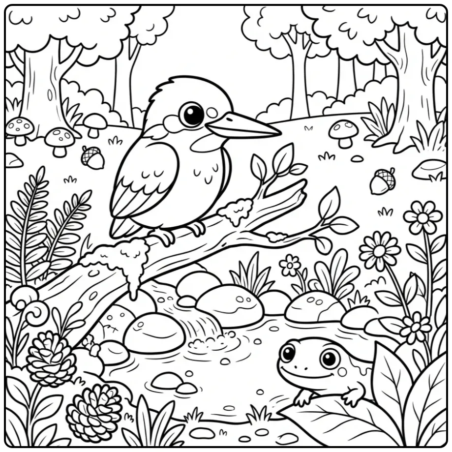 Een schattige kleurplaat ijsvogel bij een beekje met salamander.