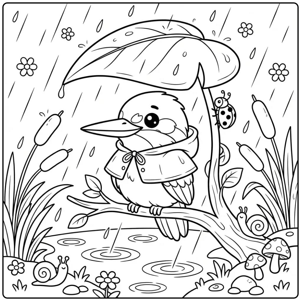 Een schattige kleurplaat ijsvogel onder een blad in de regen.