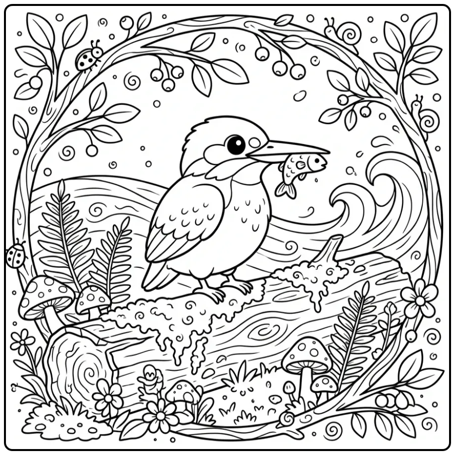 Schattige kleurplaat ijsvogel met een visje op een boomstam.