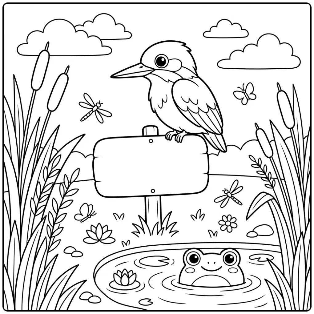 Schattige kleurplaat ijsvogel bij de vijver met een kikker.