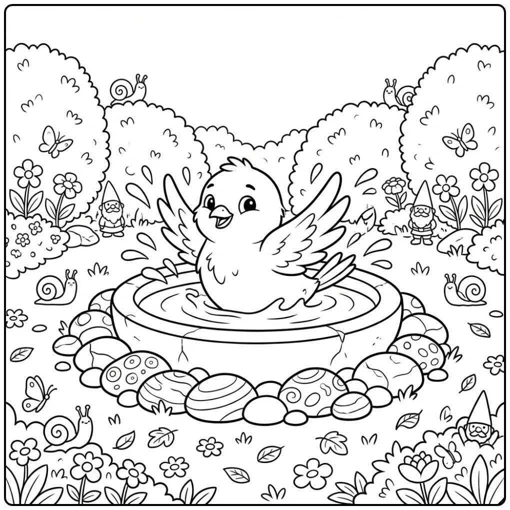 Spetterende kleurplaat kanarie in een vogelbadje.