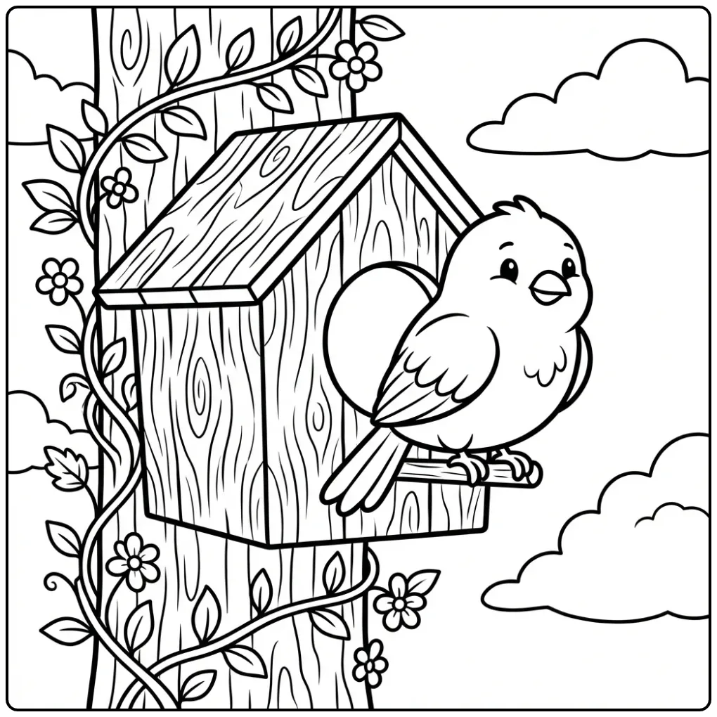 Schattige kleurplaat kanarie bij een houten vogelhuisje.