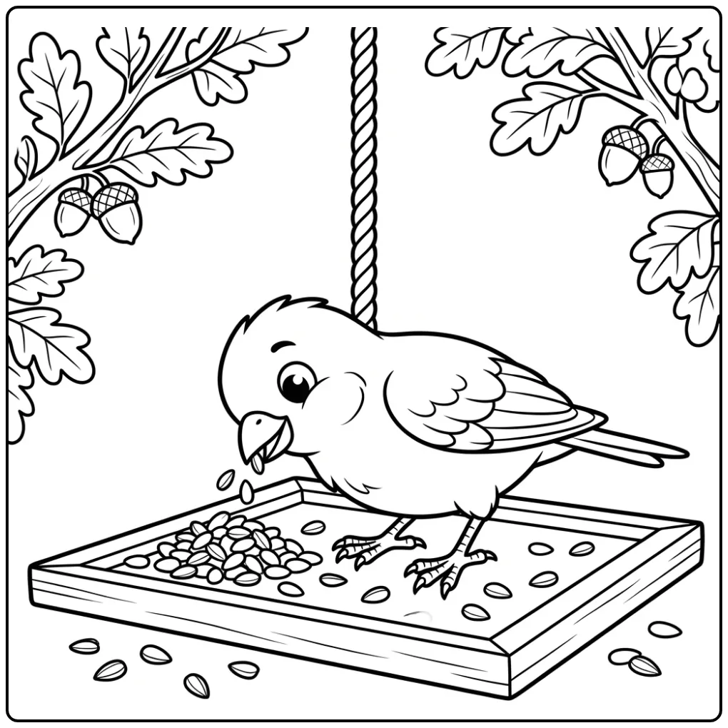 Schattige kleurplaat kanarie op een voederbakje met zaadjes