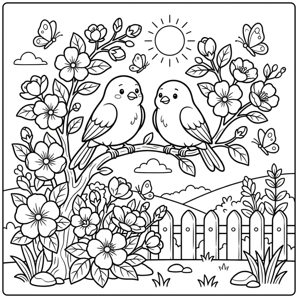 Schattige kleurplaat kanarie met twee vogels op een tak.