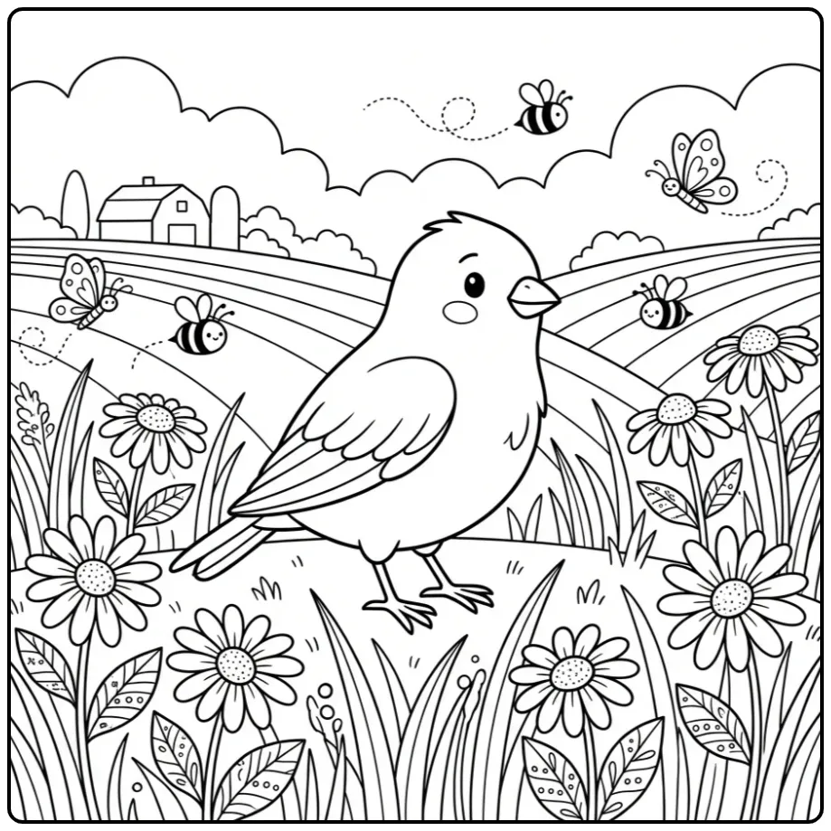 Realistische kleurplaat kanarie tussen madeliefjes en gras
