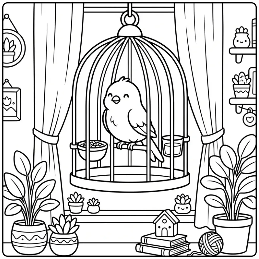 Een schattige kleurplaat kanarie in een kooi bij het raam.