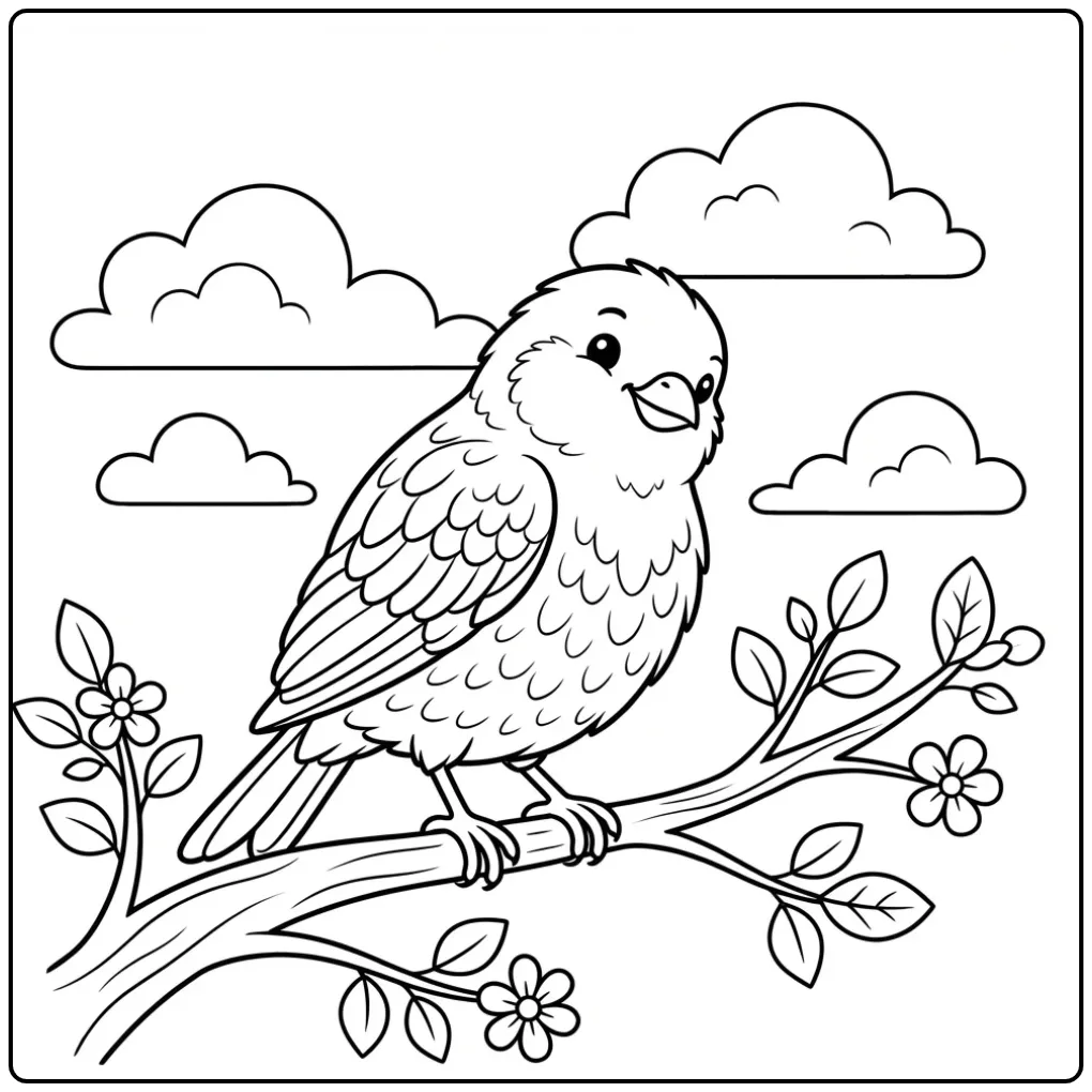 Schattige kleurplaat kanarie op een tak met bladeren.