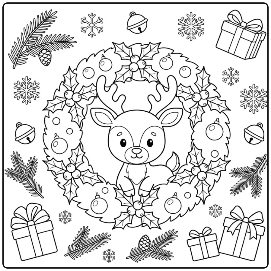 Schattige kleurplaat kerst hert kijkend door een mooie krans.