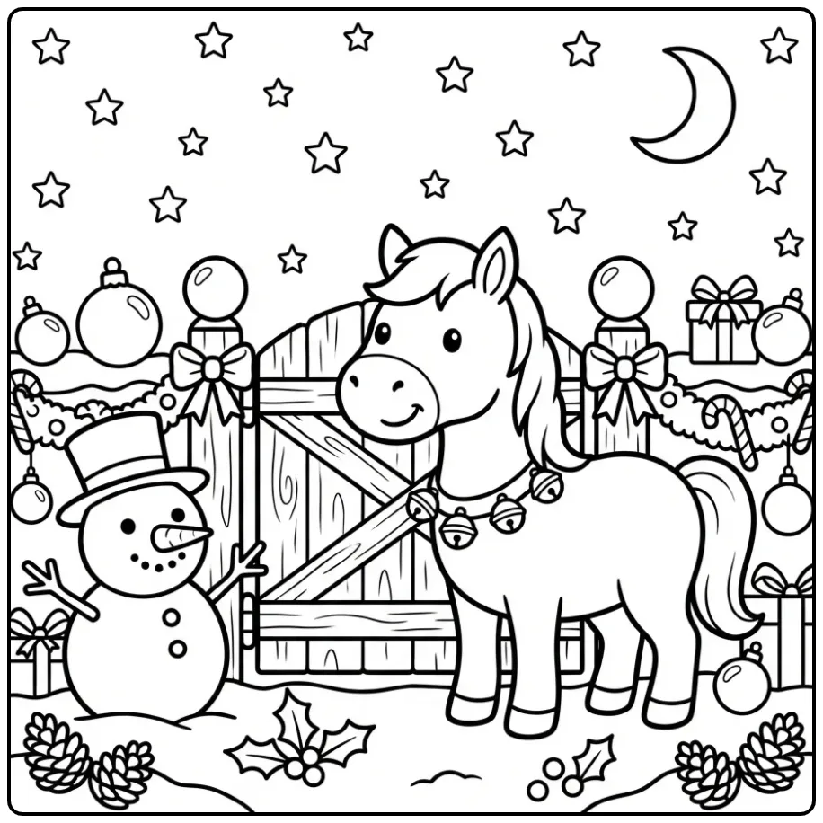 Schattige kleurplaat kerst paard met sneeuwman en sterren.