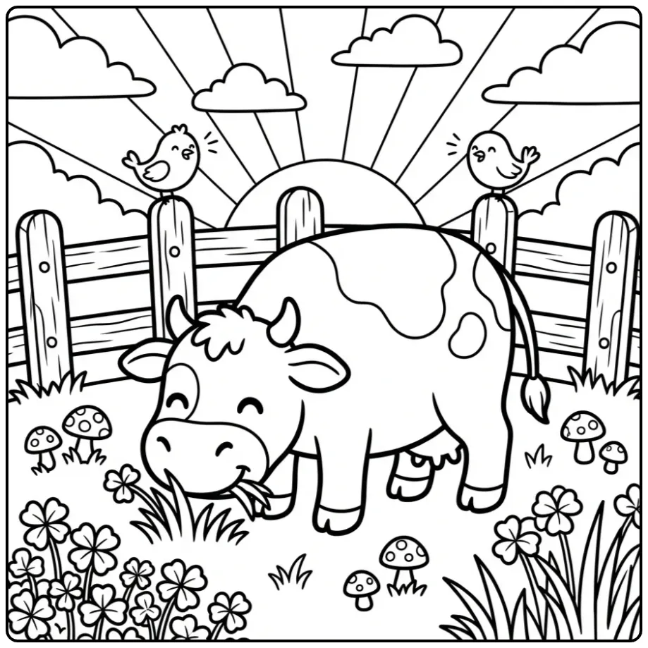 Schattige grazende kleurplaat koe in een wei met een hek.