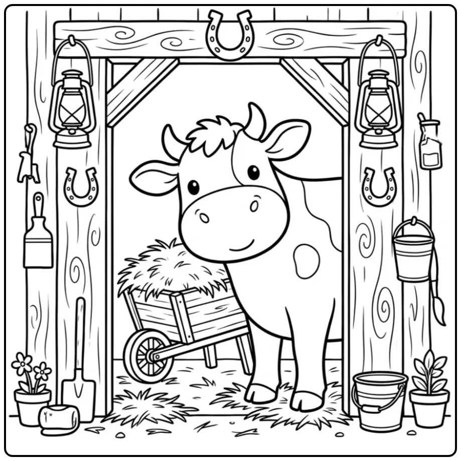 Schattige kleurplaat koe die uit een houten schuur kijkt.