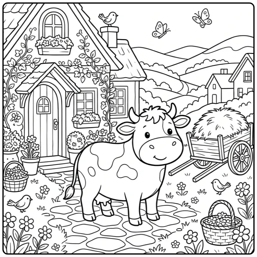 Een schattige landelijke kleurplaat koe bij een oud huisje.