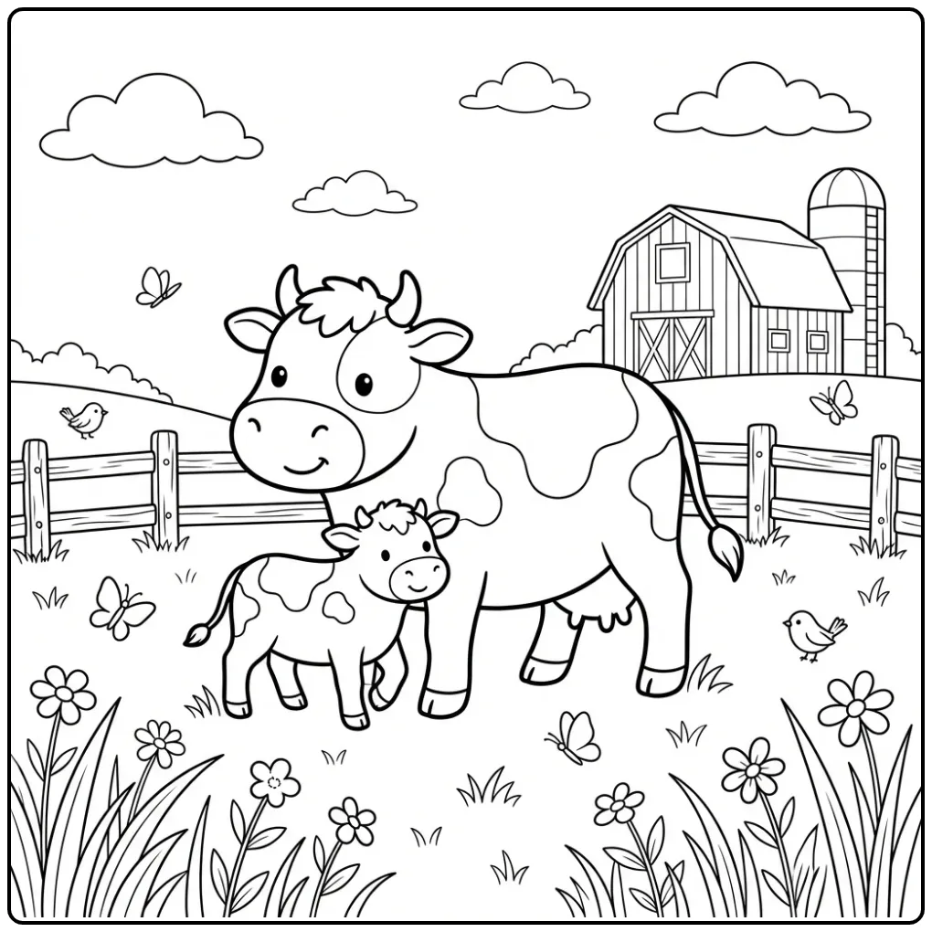 Kleurplaat koe wandelend met haar kalfje in een weiland.