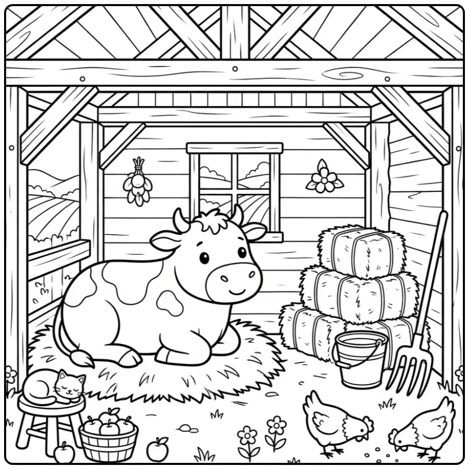 Schattige kleurplaat koe rustend in een gezellige stal.