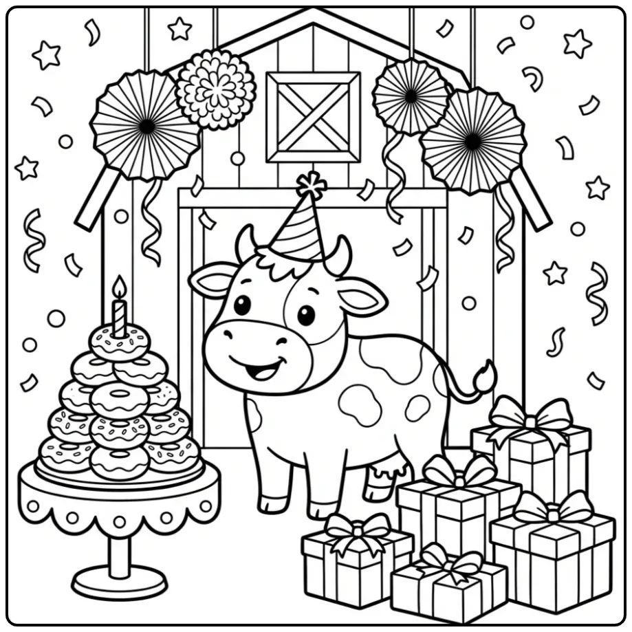 Feestelijke kleurplaat koe verjaardag met cadeautjes en donuts.