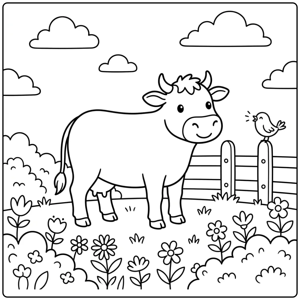 Een schattige kleurplaat koe zonder vlekken in de wei.