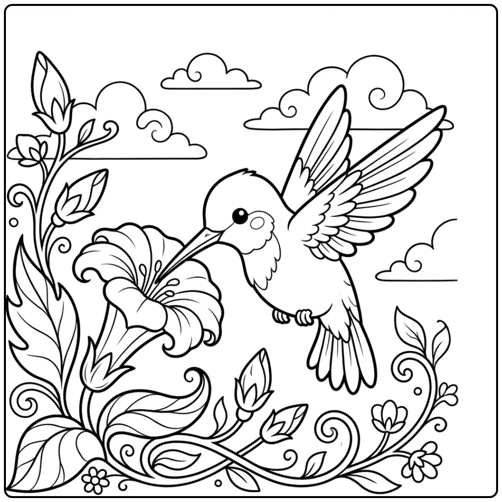 Een schattige kleurplaat kolibrie bij een grote bloem.