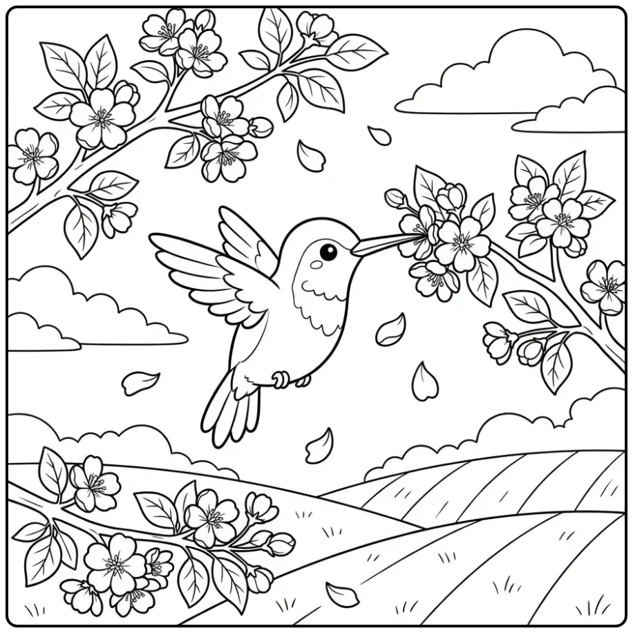 Een schattige kleurplaat kolibrie tussen bloesemtakken.