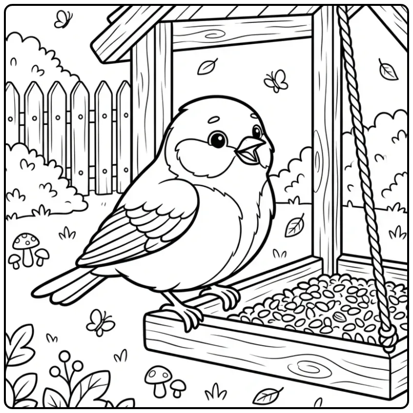 Schattige kleurplaat koolmees op een voederhuisje.