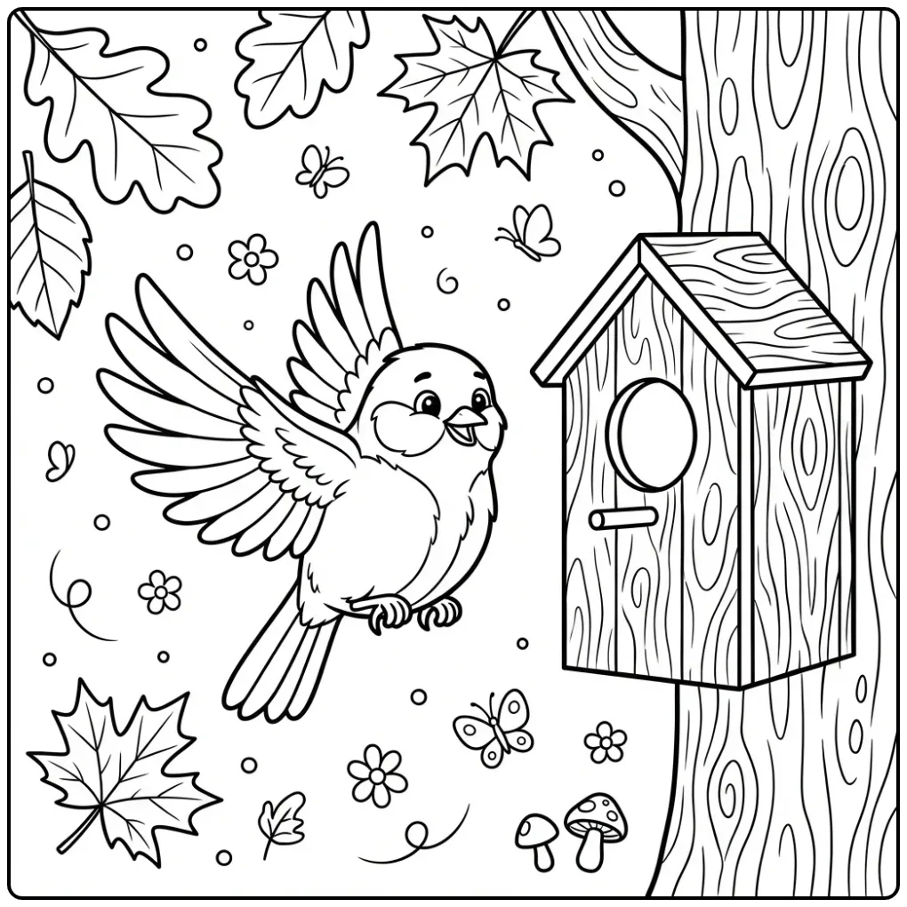 Een vliegende vogel bij een nestkastje als kleurplaat koolmees.