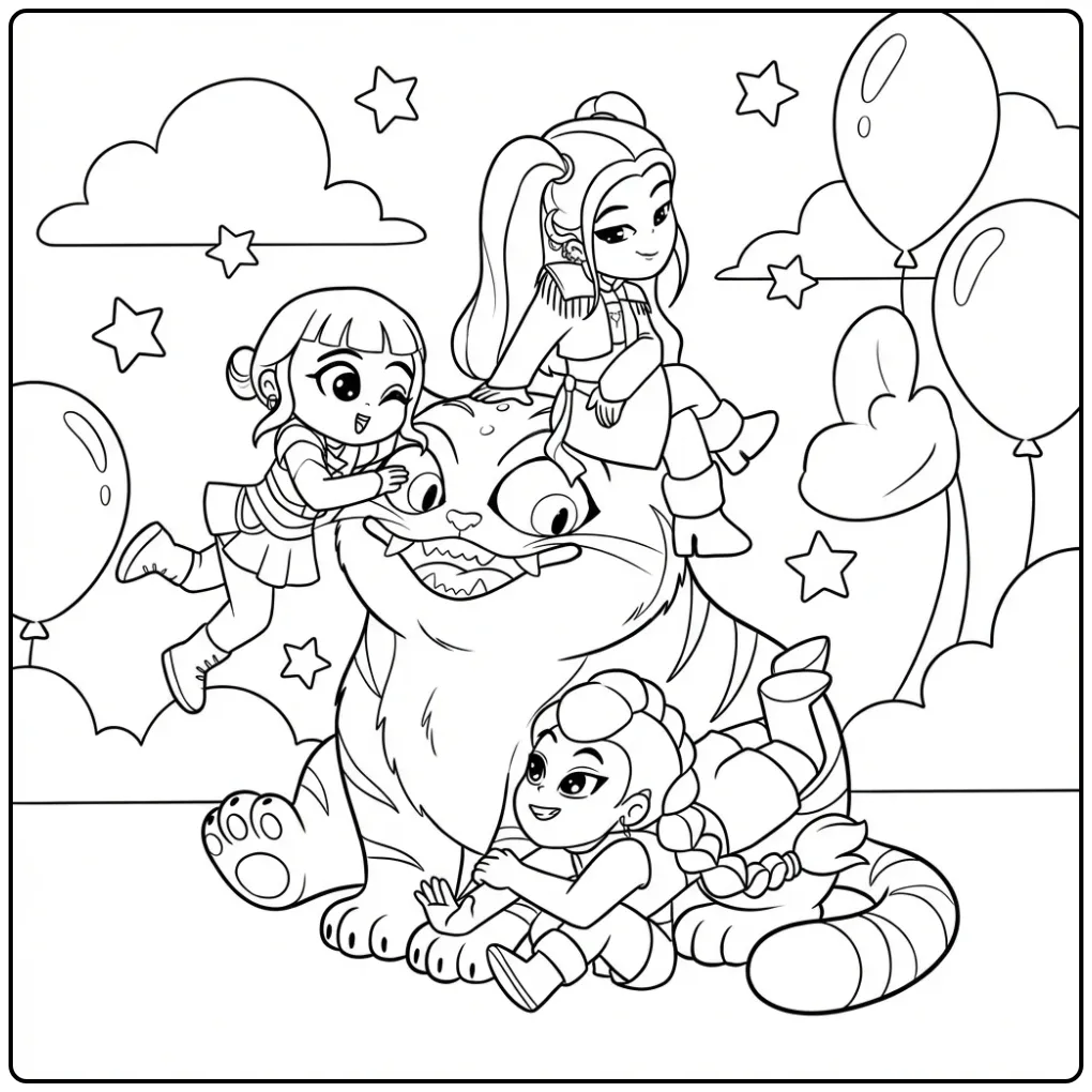 Kleurplaat kpop demon hunters derpy: meisjes en een grappig beest.